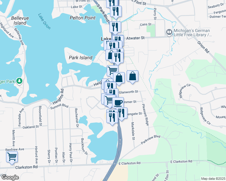 map of restaurants, bars, coffee shops, grocery stores, and more near 590 South Lapeer Road in Orion charter Township
