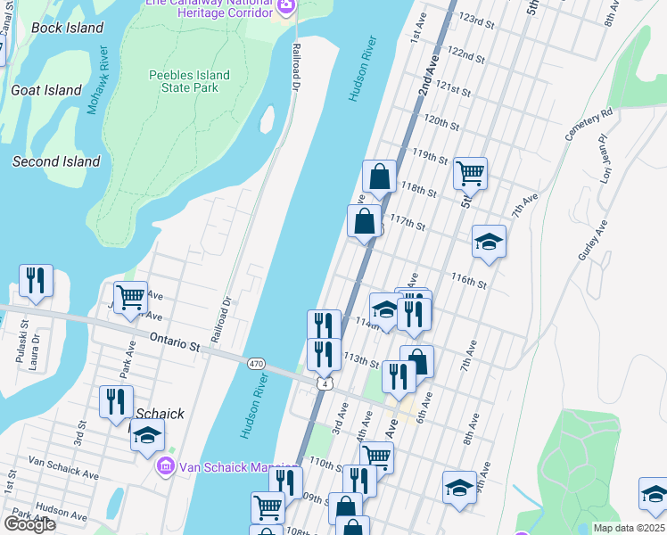 map of restaurants, bars, coffee shops, grocery stores, and more near 579 1st Avenue in Troy