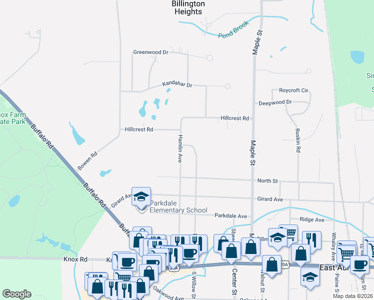 map of restaurants, bars, coffee shops, grocery stores, and more near 11 Beechwood Drive in East Aurora