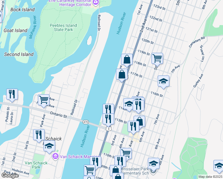 map of restaurants, bars, coffee shops, grocery stores, and more near 579 1st Avenue in Troy