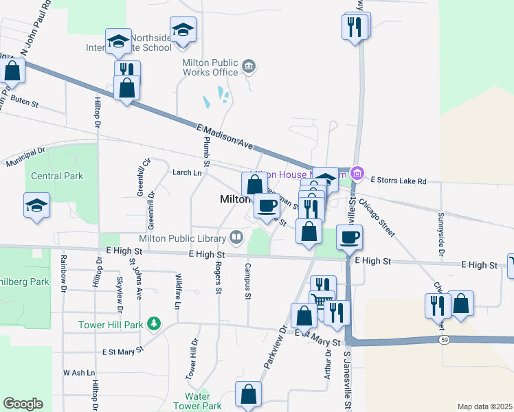map of restaurants, bars, coffee shops, grocery stores, and more near College Street in Milton