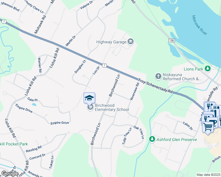 map of restaurants, bars, coffee shops, grocery stores, and more near 955 Birchwood Lane in Schenectady County