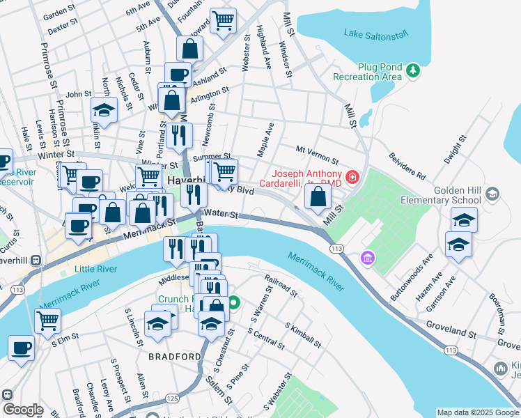 map of restaurants, bars, coffee shops, grocery stores, and more near 100 Water Street in Haverhill
