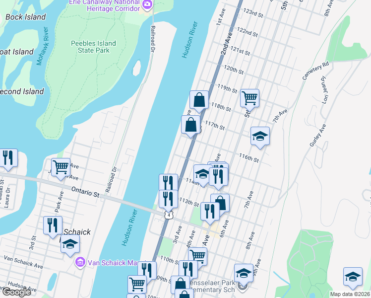 map of restaurants, bars, coffee shops, grocery stores, and more near 591 2nd Avenue in Troy