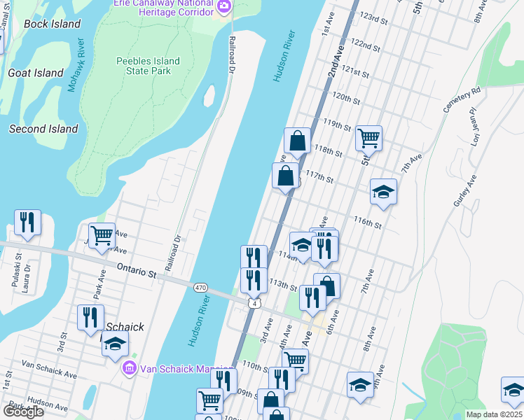 map of restaurants, bars, coffee shops, grocery stores, and more near 579 1st Avenue in Troy