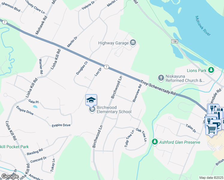 map of restaurants, bars, coffee shops, grocery stores, and more near 955 Birchwood Lane in Schenectady County