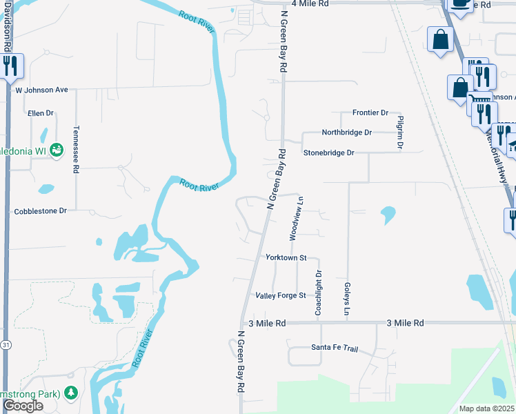 map of restaurants, bars, coffee shops, grocery stores, and more near 4415 Kennedy Drive in Racine