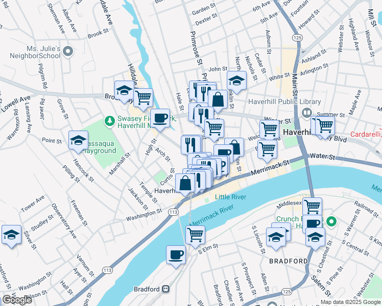 map of restaurants, bars, coffee shops, grocery stores, and more near 151 Essex Street in Haverhill