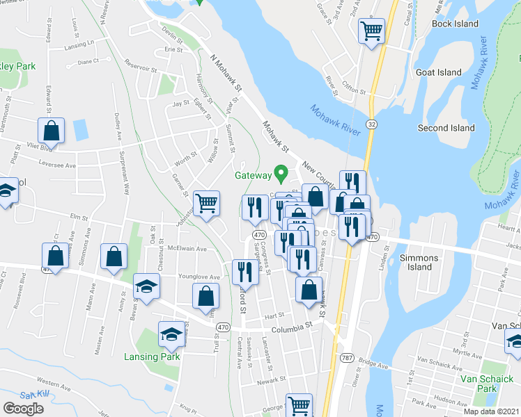 map of restaurants, bars, coffee shops, grocery stores, and more near 17 Olmstead Street in Cohoes