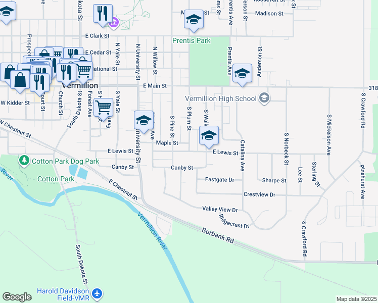 map of restaurants, bars, coffee shops, grocery stores, and more near 800 East Lewis Street in Vermillion