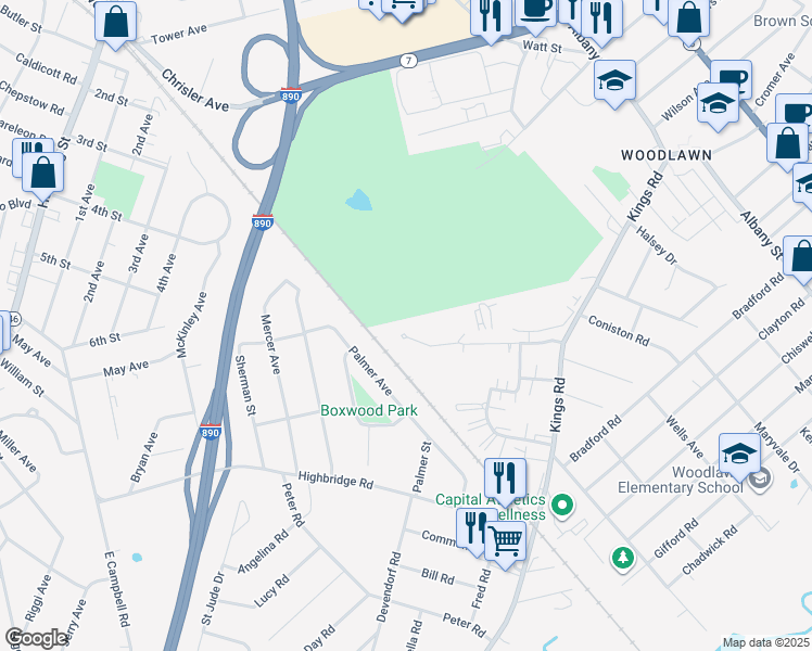 map of restaurants, bars, coffee shops, grocery stores, and more near 236 East Palmer Avenue in Schenectady