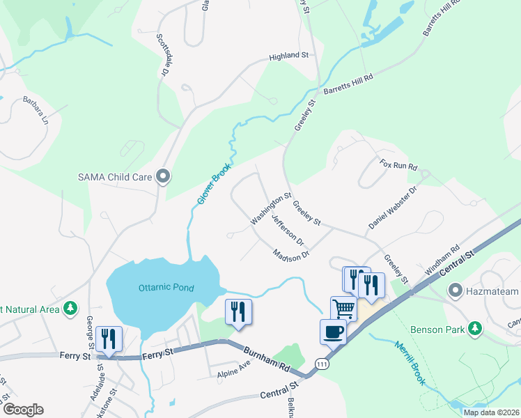 map of restaurants, bars, coffee shops, grocery stores, and more near 7 Washington Street in Hudson
