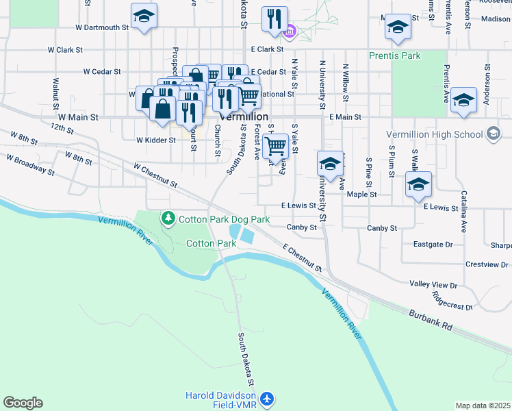 map of restaurants, bars, coffee shops, grocery stores, and more near 221 East Lewis Street in Vermillion