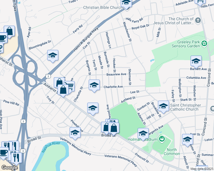 map of restaurants, bars, coffee shops, grocery stores, and more near 41 Charlotte Avenue in Nashua