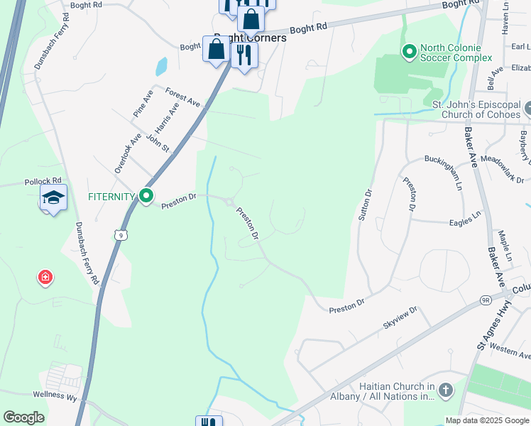 map of restaurants, bars, coffee shops, grocery stores, and more near 12 Preston Drive in Albany County