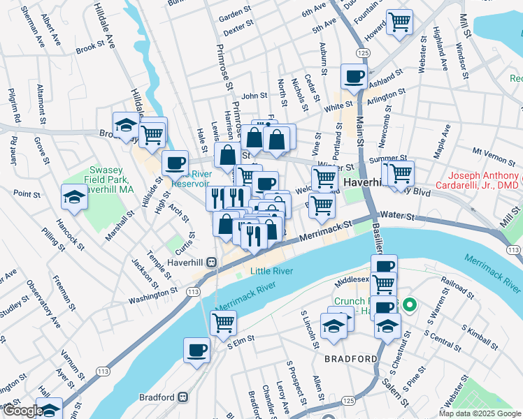 map of restaurants, bars, coffee shops, grocery stores, and more near 45 Locust Street in Haverhill