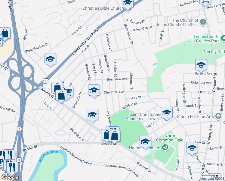 map of restaurants, bars, coffee shops, grocery stores, and more near 1 Hooker Street in Nashua