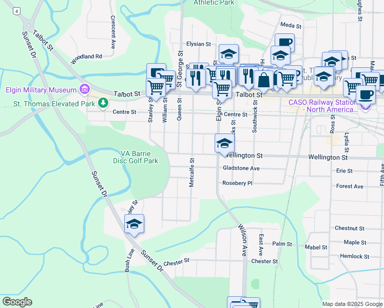 map of restaurants, bars, coffee shops, grocery stores, and more near Metcalfe Street in Saint Thomas