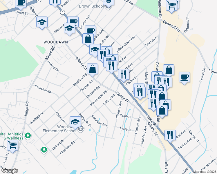 map of restaurants, bars, coffee shops, grocery stores, and more near 3227 Albany Street in Schenectady