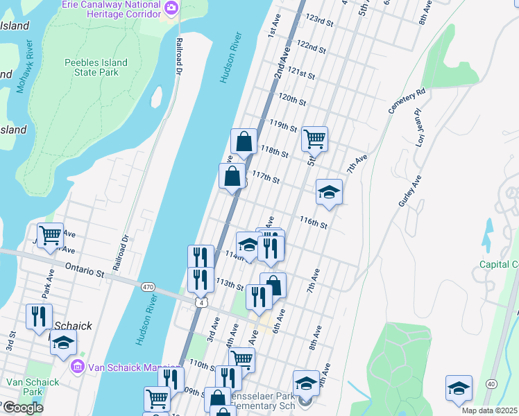 map of restaurants, bars, coffee shops, grocery stores, and more near 598 3rd Avenue in Troy