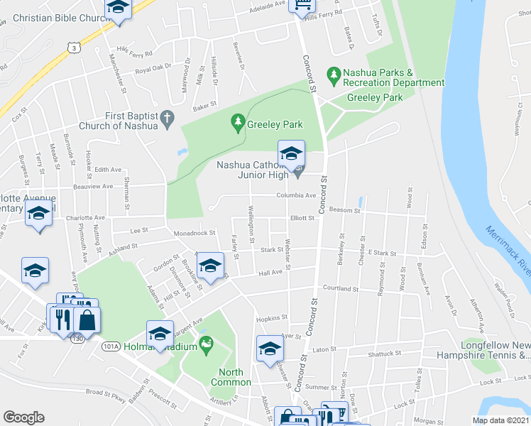 map of restaurants, bars, coffee shops, grocery stores, and more near 15 Elliott Street in Nashua