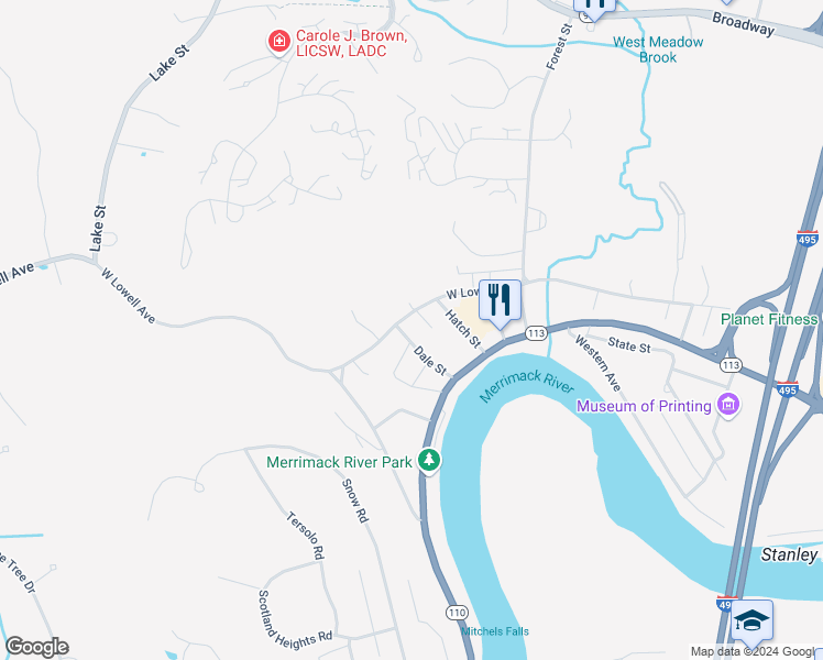 map of restaurants, bars, coffee shops, grocery stores, and more near 25 Booth Street in Haverhill
