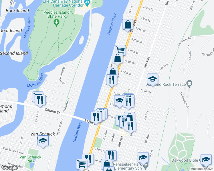 map of restaurants, bars, coffee shops, grocery stores, and more near 579 1st Avenue in Troy