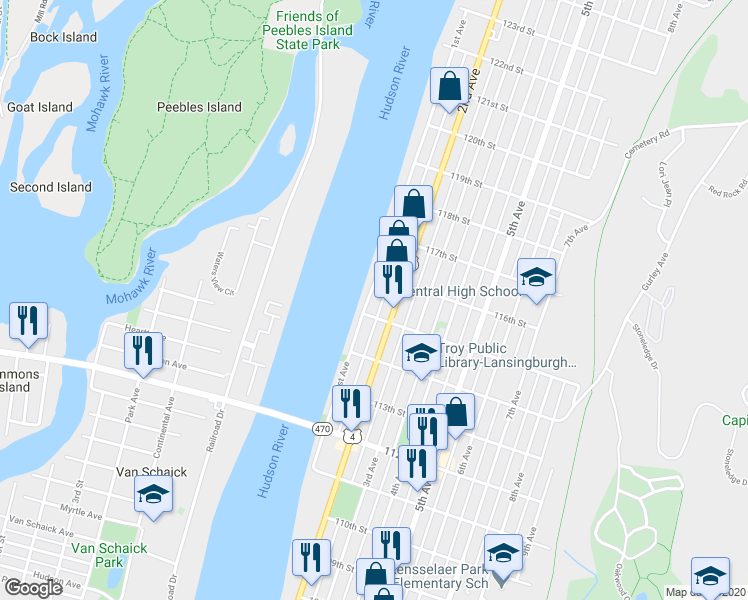 map of restaurants, bars, coffee shops, grocery stores, and more near 579 1st Avenue in Troy