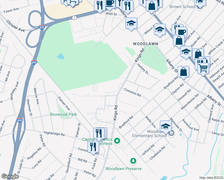 map of restaurants, bars, coffee shops, grocery stores, and more near 4240 Queen Philomena Boulevard in Schenectady