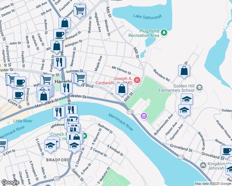 map of restaurants, bars, coffee shops, grocery stores, and more near 21 Chestnut Street in Haverhill