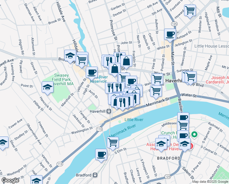 map of restaurants, bars, coffee shops, grocery stores, and more near 9 Locke Street in Haverhill