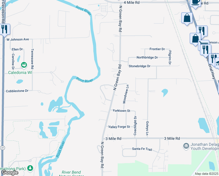 map of restaurants, bars, coffee shops, grocery stores, and more near 4415 Kennedy Drive in Racine