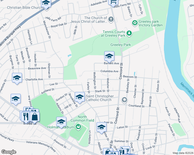 map of restaurants, bars, coffee shops, grocery stores, and more near 15 Elliott Street in Nashua