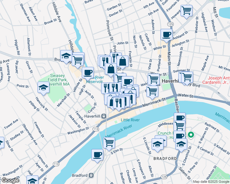map of restaurants, bars, coffee shops, grocery stores, and more near 25 Locke Street in Haverhill