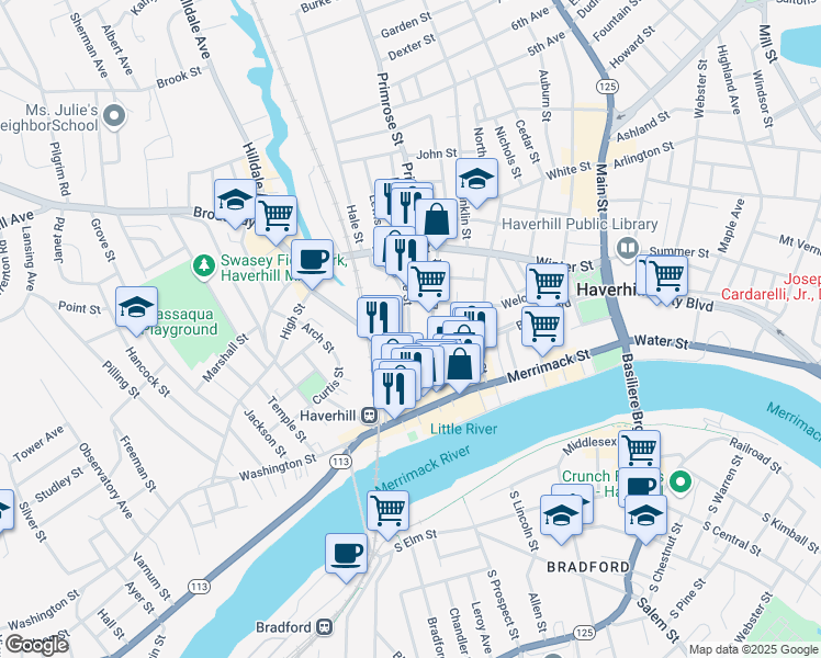 map of restaurants, bars, coffee shops, grocery stores, and more near 9 Locke Street in Haverhill