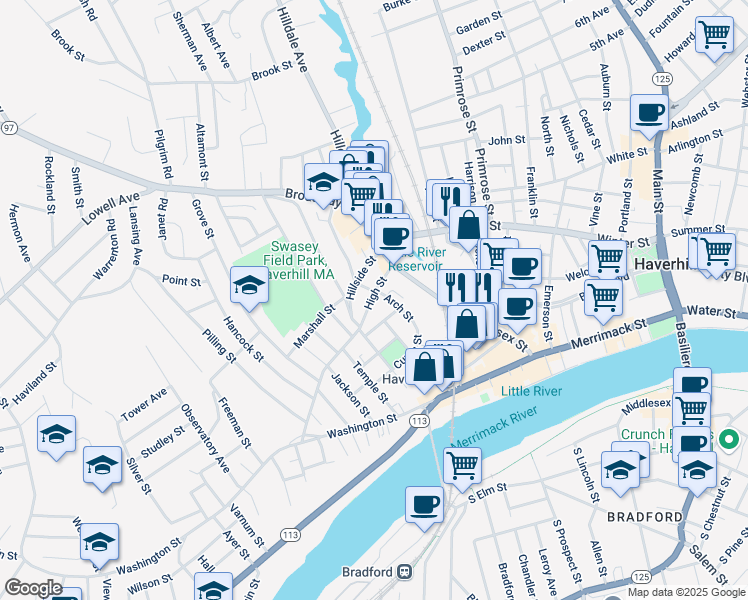 map of restaurants, bars, coffee shops, grocery stores, and more near 28 High Street in Haverhill