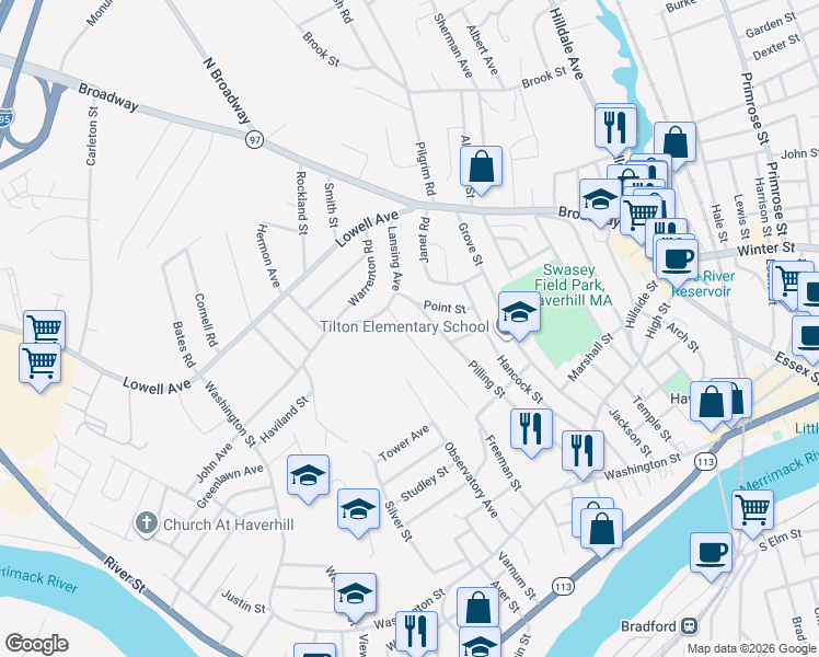 map of restaurants, bars, coffee shops, grocery stores, and more near 158 Freeman Street in Haverhill