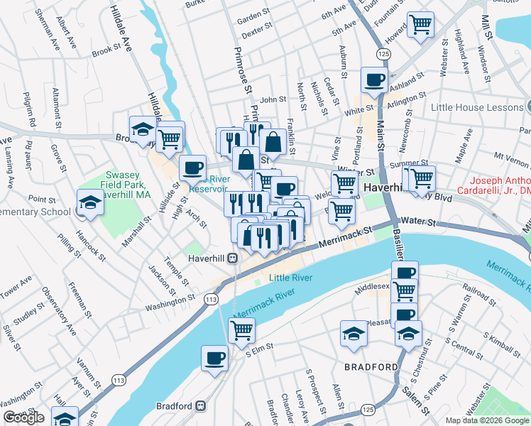map of restaurants, bars, coffee shops, grocery stores, and more near 2 Locust Street in Haverhill