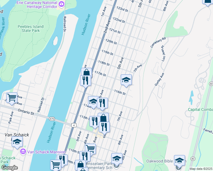 map of restaurants, bars, coffee shops, grocery stores, and more near 604 4th Avenue in Troy