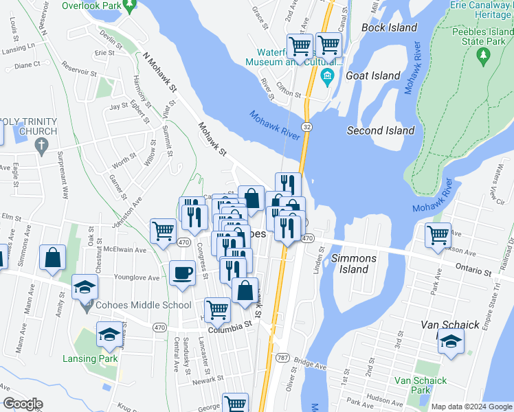 map of restaurants, bars, coffee shops, grocery stores, and more near 50 Oneida Street in Cohoes
