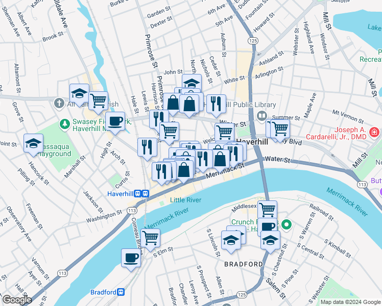 map of restaurants, bars, coffee shops, grocery stores, and more near 66 Emerson Street in Haverhill