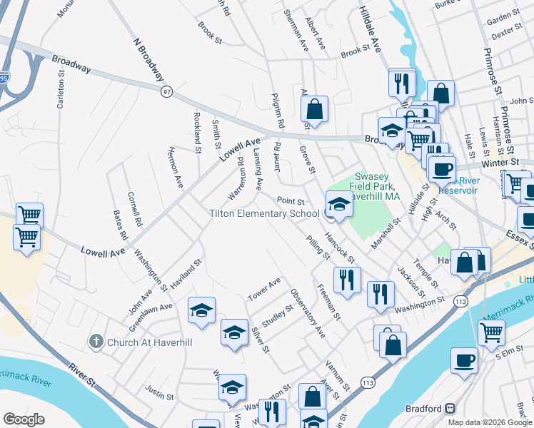 map of restaurants, bars, coffee shops, grocery stores, and more near 158 Freeman Street in Haverhill