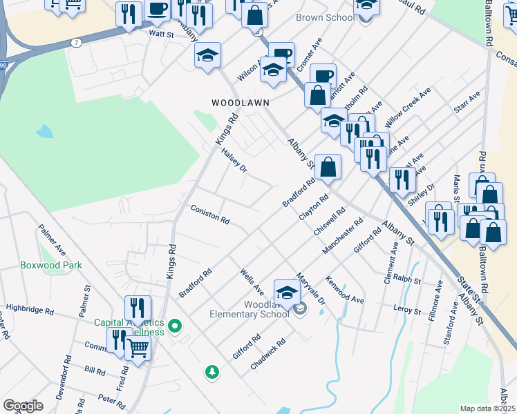 map of restaurants, bars, coffee shops, grocery stores, and more near 2938 Windermere Road in Schenectady