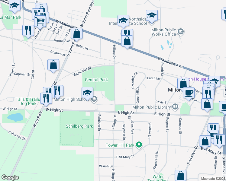 map of restaurants, bars, coffee shops, grocery stores, and more near 373 Hilltop Drive in Milton
