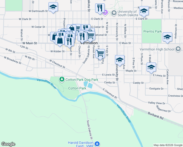 map of restaurants, bars, coffee shops, grocery stores, and more near 333 Forest Avenue in Vermillion