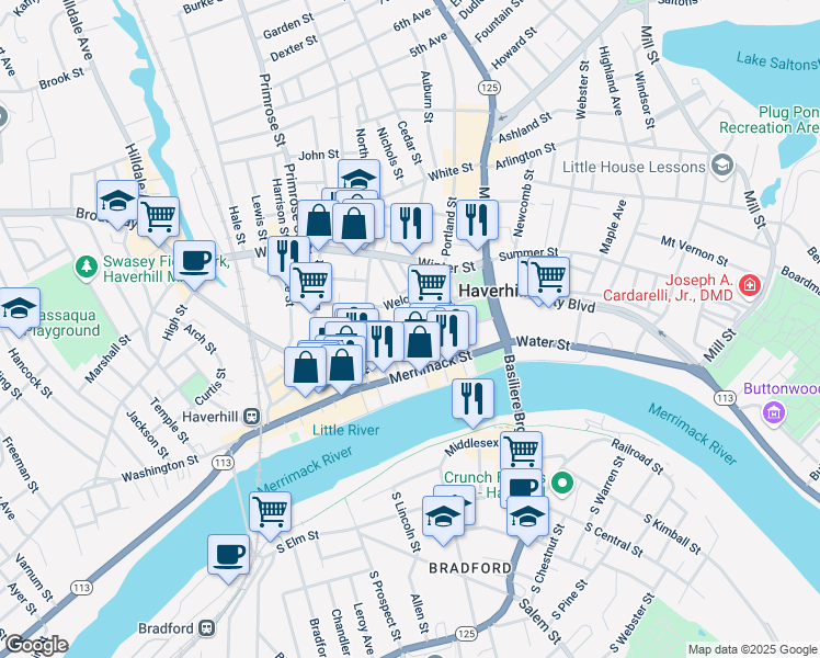 map of restaurants, bars, coffee shops, grocery stores, and more near 60 Bailey Boulevard in Haverhill