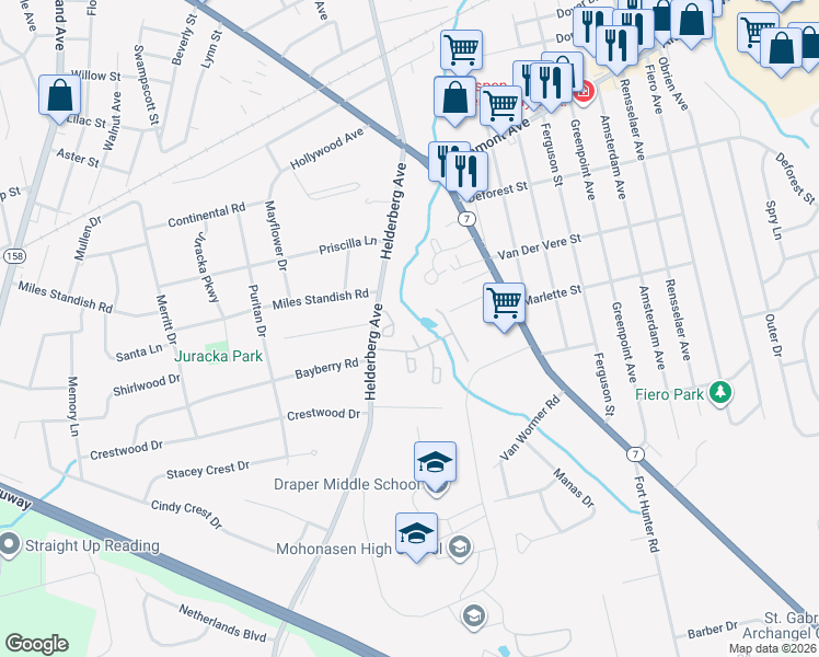 map of restaurants, bars, coffee shops, grocery stores, and more near 33 Morning Glory Way in Schenectady