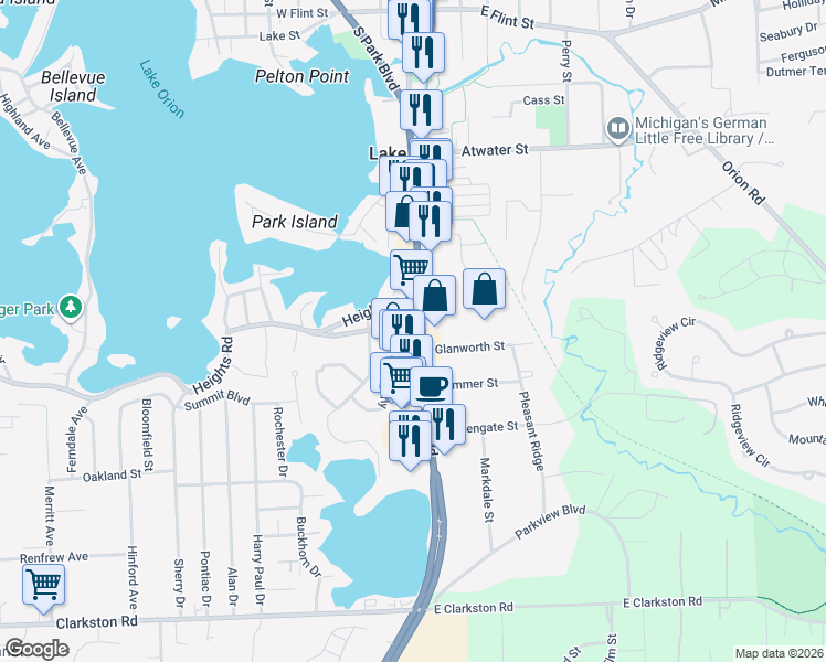 map of restaurants, bars, coffee shops, grocery stores, and more near 590 South Lapeer Road in Orion charter Township