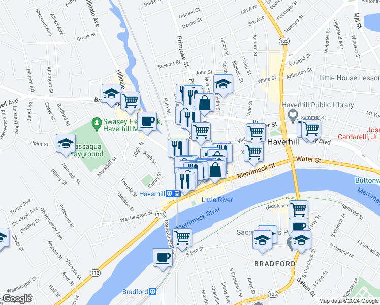 map of restaurants, bars, coffee shops, grocery stores, and more near 54 Locke Street in Haverhill