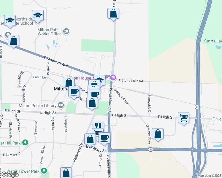 map of restaurants, bars, coffee shops, grocery stores, and more near 304 South Janesville Street in Milton